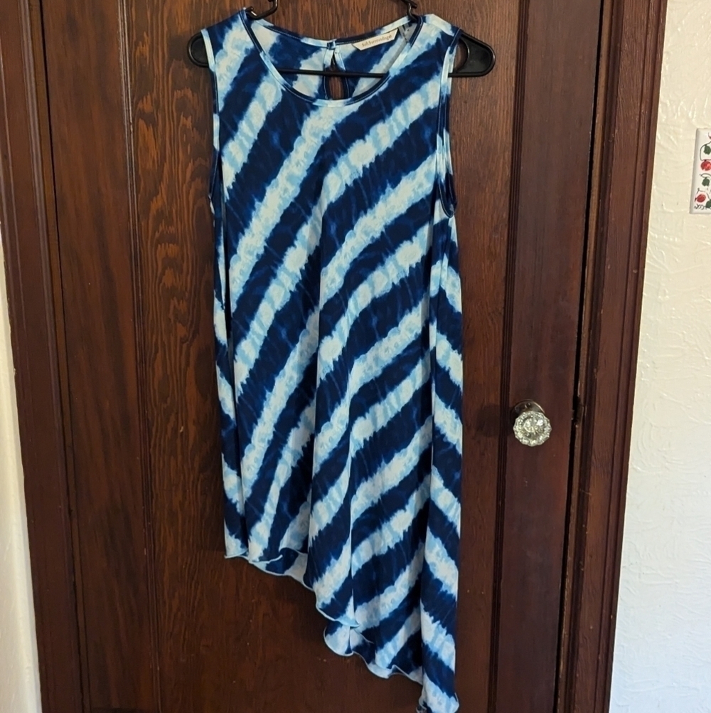 Soft Surroundings Sz M Asymmetric Hem Blue White Stripes Semi See Through Tunic
